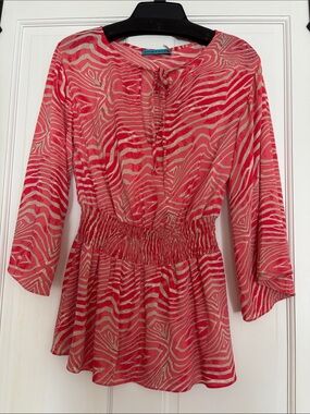 Alice + Olivia Coral-Pink Striped Tie-Front Blouse XS